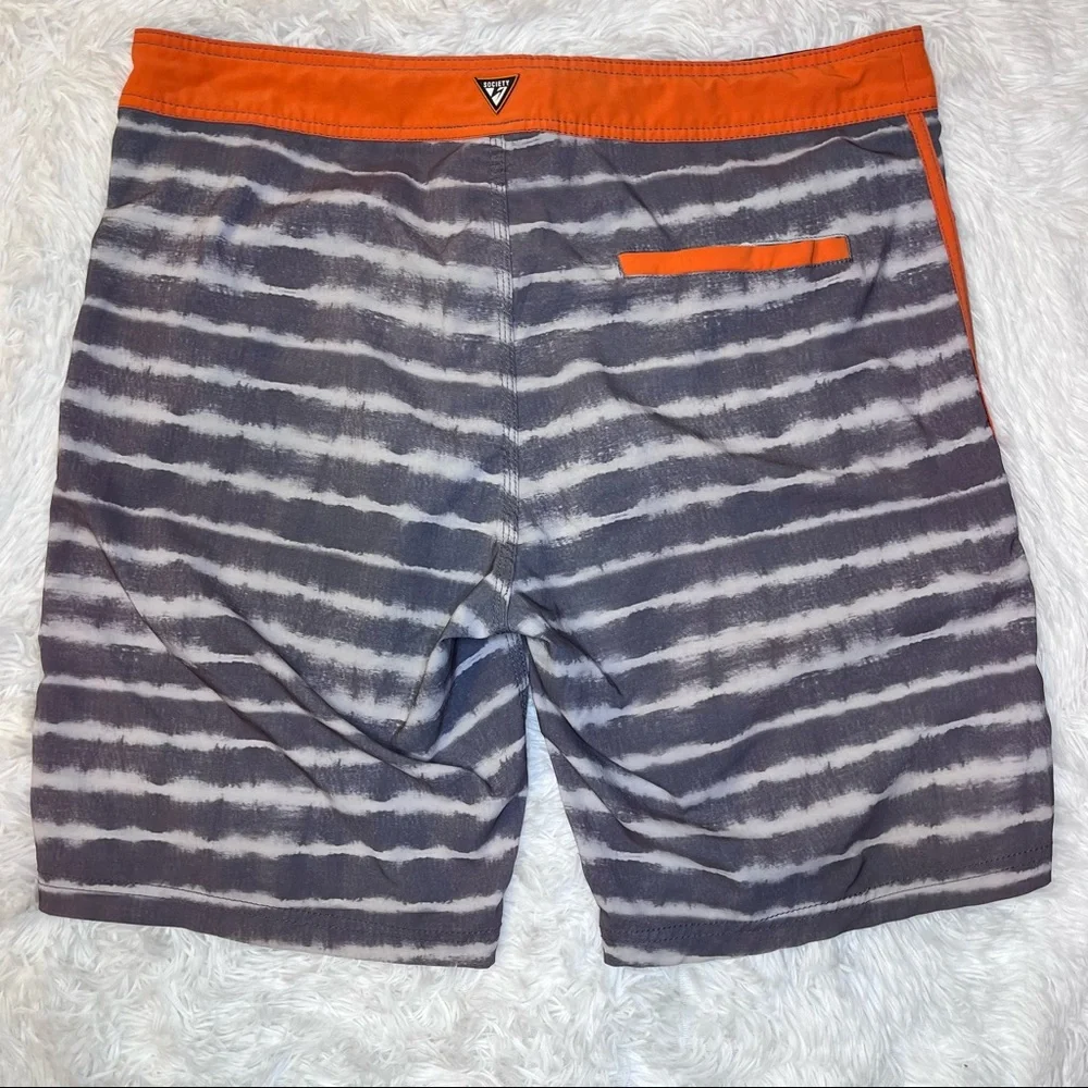 SOCIETY Of The Sun Men’s Orange Gray Striped Swim Board Shorts 36